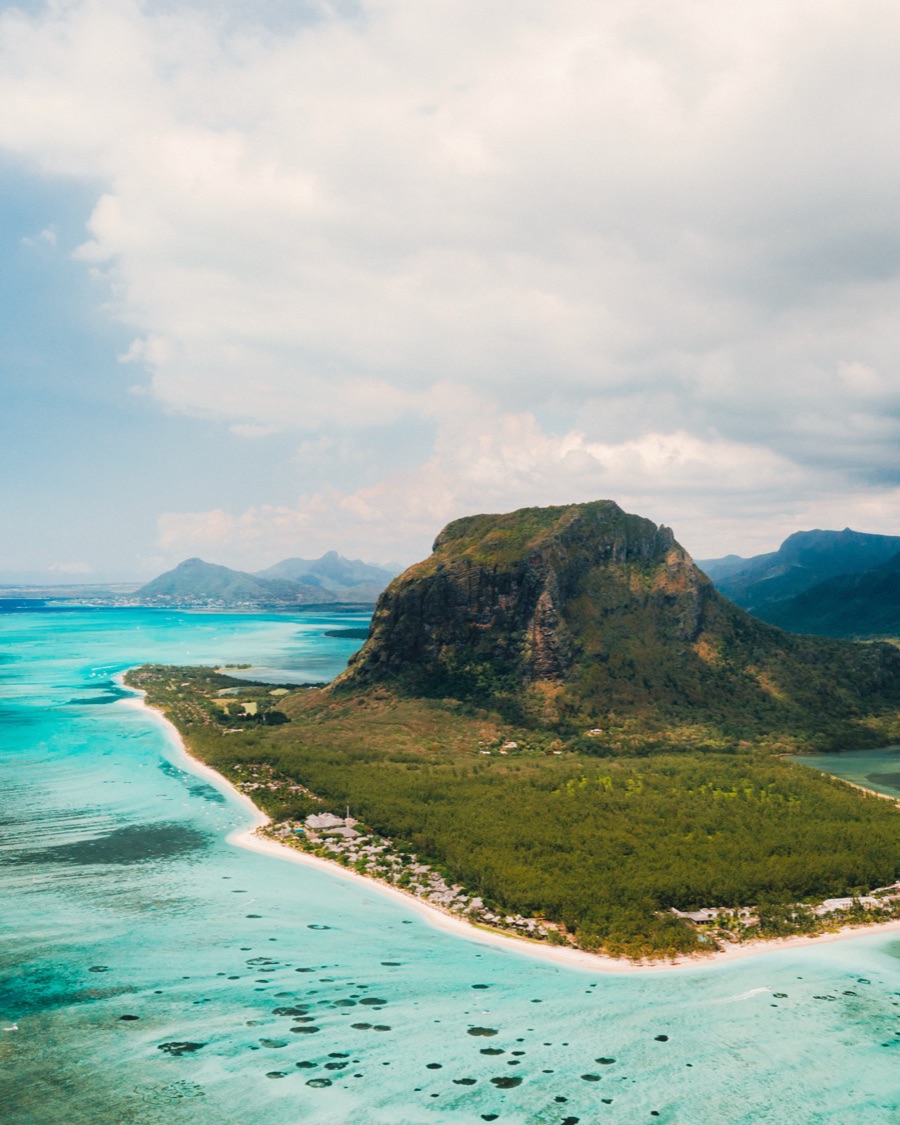 Aerial view of Le Morne Brabant and its coral reef, Mauritius